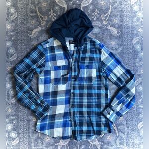 Original Use Blue and White Plaid Flannel Button Down Hooded Shirt